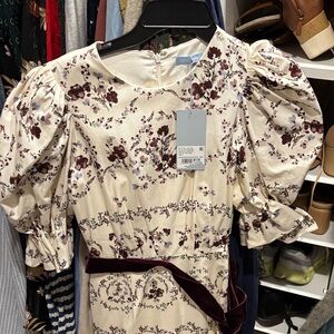 Antonio Melani Floral Midi Dress Ivory Cabernet Puff Sleeve Velvet Belt size 4